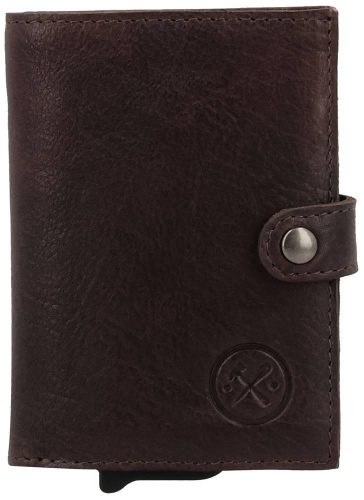 Hide and Stitches sötétbarna bőr pop-up mini pénztárca, kártyatartó 10 × 7 cm