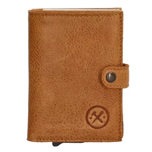 Hide&Stiches okkersárga bőr pop-up mini pénztárca, kártyatartó 10×7 cm