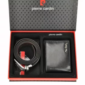   Pierre Cardin ZG-71 fekete férfi bőrpénztárca-bőr öv, ajándék szett 125 cm