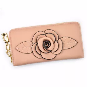   Eslee F8888 rózsaszín rávarrt virágos női rostbőr pénztárca 19.2 x 10 x 4 cm