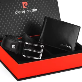   Pierre Cardin ZG-103-BR fekete férfi bőrpénztárca-bőr öv, ajándék szett 135 cm