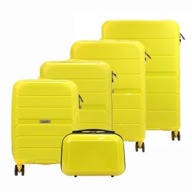   Jony sárga polipropilén 5 részes  keményfalú bőrönd szett, kozmetikai táskával  30/53/55/67/77 cm