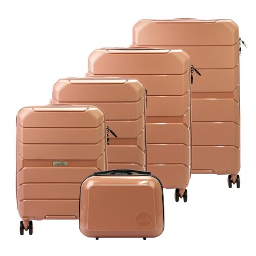 Jony rosegold 5 részes keményfalú bőrönd szett, kozmetikai táskával 30/53/55/67/77 cm
