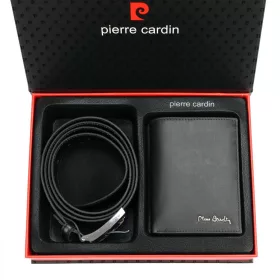   Pierre Cardin ZG-105-BR fekete férfi bőr öv, pénztárca ajándék szett 125 cm