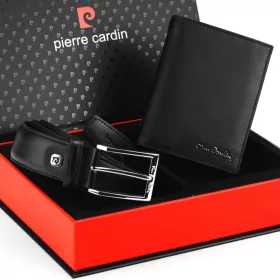   Pierre Cardin ZG-105-BR fekete férfi bőrpénztárca-bőr öv, ajándék szett 130 cm