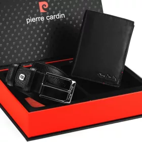   Pierre Cardin ZG-109-BR fekete férfi bőrpénztárca, bőr öv ajándék szett 125 cm