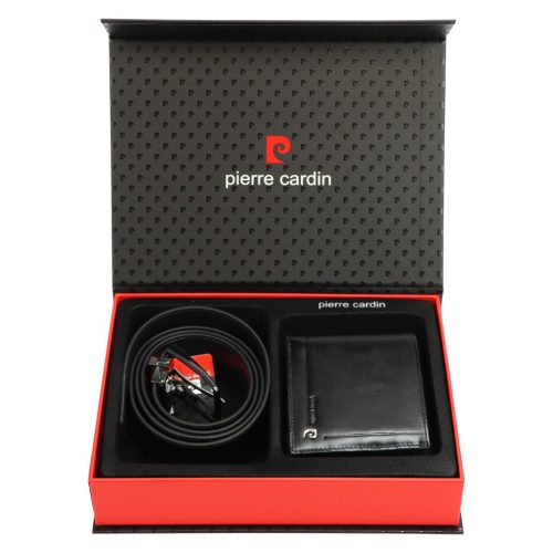 Pierre Cardin ZG-111 fekete férfi bőrpénztárca, bőr öv ajándék szett 125 cm