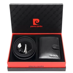   Pierre Cardin ZG-115 fekete férfi bőrpénztárca, bőr öv ajándék szett 125 cm