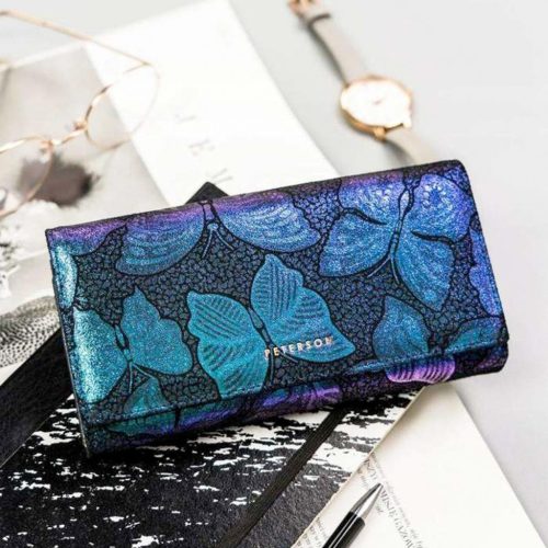 Peterson PTN 42100-ONBF pillangó mintás kék női bőr pénztárca 18,5 x 9,5 cm