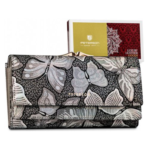 Peterson PTN 421028-ONBF szürke pillangó mintás női bőr pénztárca 18,5 x 9,5 cm