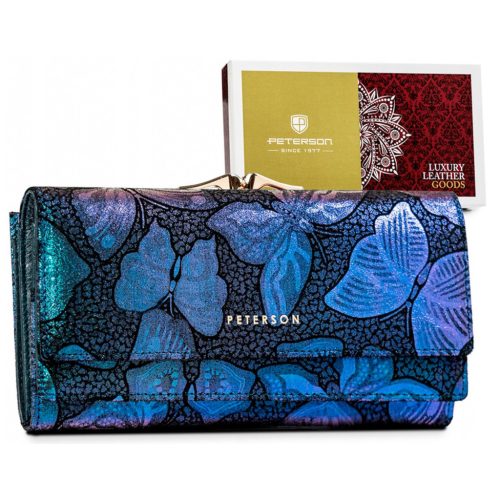 Peterson PTN 421028-ONBF kék pillangó mintás női bőr pénztárca 18,5 x 9,5 cm