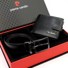   Pierre Cardin ZG-132-BR-130 fekete férfi bőr őv és pénztárca ajándék szett 130 cm