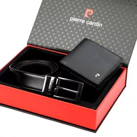   Pierre Cardin ZG-3-8825-FWJ férfi fekete bőr öv, pénztárca ajándék szett 120 cm