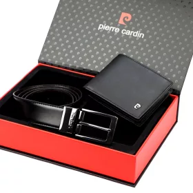   Pierre Cardin ZG-3-8825-FWJ férfi fekete bőrpéztárca öv ajándék szett 130 cm övvel