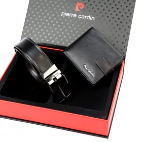   Pierre Cardin ZG-4-8825A-FWJ férfi fekete bőr öv, pénztárca ajándék szett 130 cm