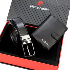   Pierre Cardin ZG-1-326A-FWJ férfi fekete valódi bőr pénztárca és öv ajándék szett 125 cm