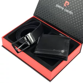   Pierre Cardin ZG-137-BR fekete férfi bőr pénztárca, öv ajándék szett 130 cm