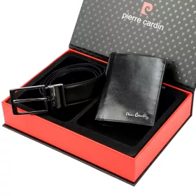   Pierre Cardin ZG-138-BR fekete férfi bőr pénztárca, öv ajándék szett 130 cm