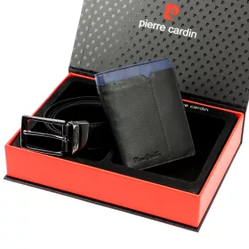   Pierre Cardin ZG-139-BR fekete-kék férfi bőr pénztárca, öv ajándék szett 115 cm