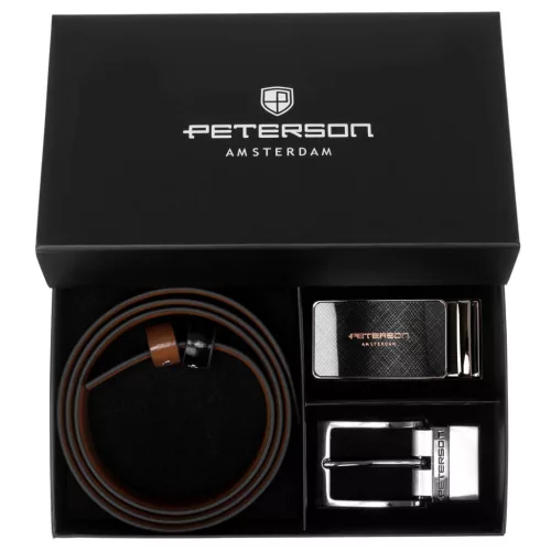 Peterson PTN KL-B004-S001 fekete-barna kifordítható férfi bőr öv ajándék szett 125 cm