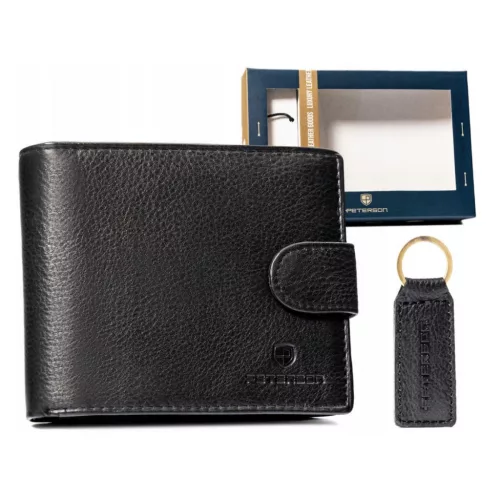 Peterson PTN SET-M-N992L-D fekete férfi bőr pénztárca, kulcstartó ajándék szett
