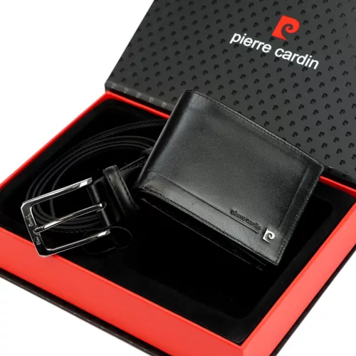 Pierre Cardin ZG-140 fekete férfi bőr pénztárca, öv ajándék szett 125 cm