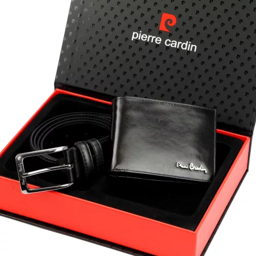 Pierre Cardin ZG-141 férfi fekete bőr pénztárca és öv ajándék szett 130 cm