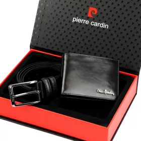   Pierre Cardin ZG-141 férfi fekete bőr pénztárca és öv ajándék szett 135 cm