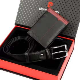   Pierre Cardin ZG-142 fekete-piros férfi bőr pénztárca, öv ajándék szett 130 cm