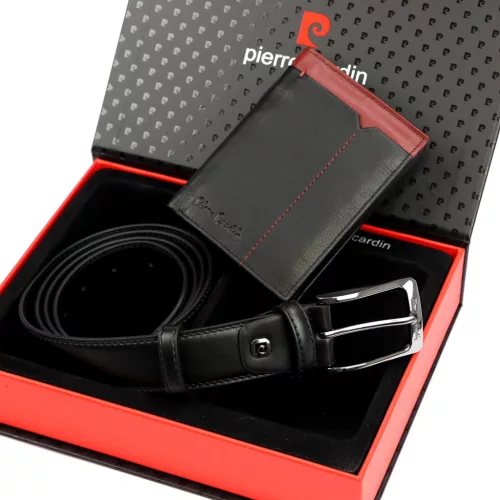 Pierre Cardin ZG-142 fekete-piros férfi bőr pénztárca, öv ajándék szett 130 cm