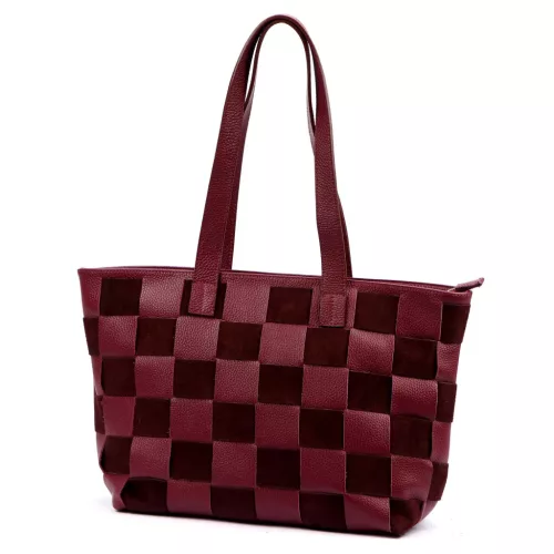 Luka 25-080 bordó-kockás női bőr válltáska 45 x 29 x 14 cm