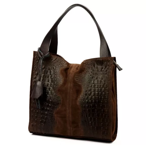 Luka 26-010 CROCO női, sötétbarna krokodil mintás velúr bőr válltáska 34 x 34 x 13 cm