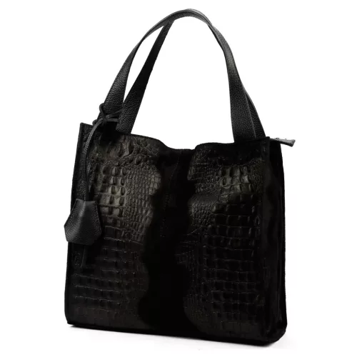 Luka 26-010 CROCO női, fekete krokodil mintás velúr bőr válltáska 34 x 34 x 13 cm