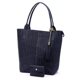   Luka 26-028 sötétkék női bőr válltáska, shopper 42 x 35 x 16 cm