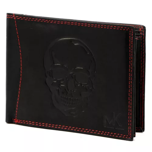 Money Kepper CDD 5600 SKULL fekete-piros férfi bőr pénztárca, koponya mintával 12.5 x 10 x 2.5 cm