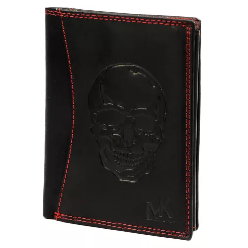 Money Kepper CDD 5601 SKULL fekete-piros férfi bőr pénztárca, koponya motívummal 10 × 13 × 2,5 cm