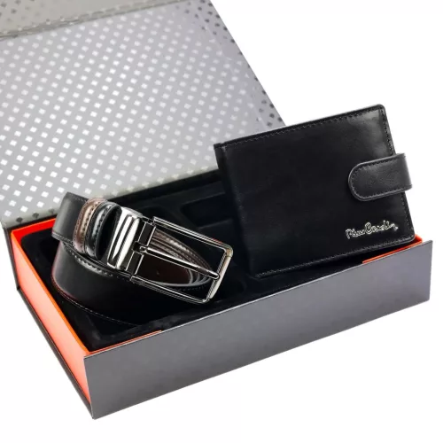 Pierre Cardin ZG-202-BN férfi fekete-barna bőr pénztárca öv ajándék szett 120 cm