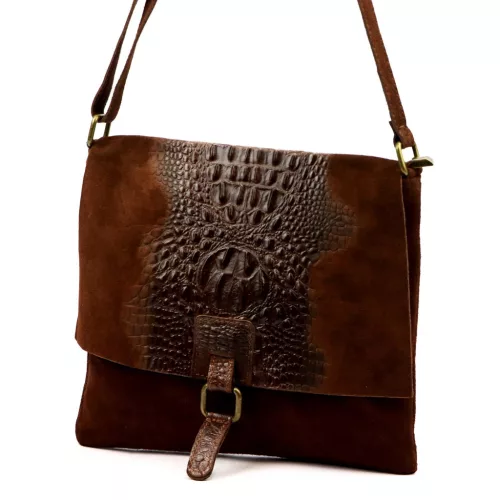 Luka 26-076 CROCO barna női velúr bőr kézitáska, válltáska 31 x 26 x 5 cm