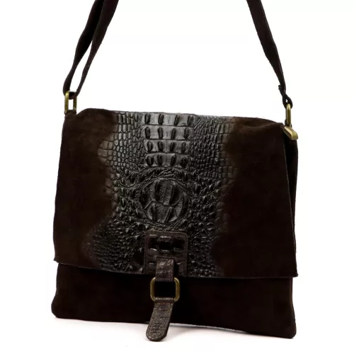 Luka 26-076 CROCO sötétbarna női velúr bőr kézitáska, válltáska 31 x 26 x 5 cm