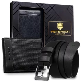   Peterson PTN N992-DOT BLACK fekete férfi bőr pénztárca, öv ajándék szett 125 cm