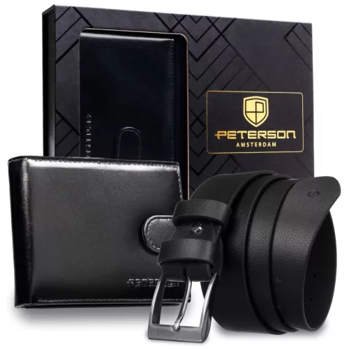 Peterson PTN SET N992L-NGV-125-8349 fekete férfi bőr öv, pénztárca szett 125 cm