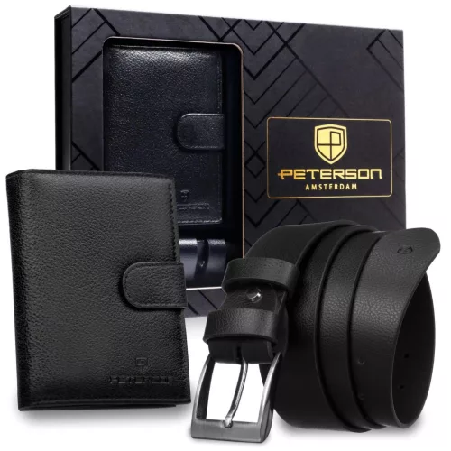 Peterson PTN SET N4L-SPDM-BW BLACK férfi bőr pénztárca- öv ajándék szett 115 cm