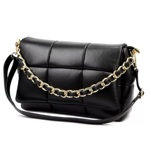 Camilla PREMIUM 10.011 fekete női bőr oldaltáska, láncos kézi fogóval 33 x 20 x 12 cm