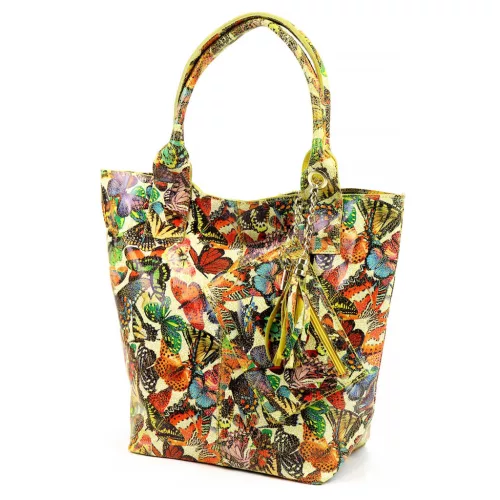 Luka 26-026 MOT sárga pillangó mintás női bőr válltáska, shopper 40 x 35 x 18 cm