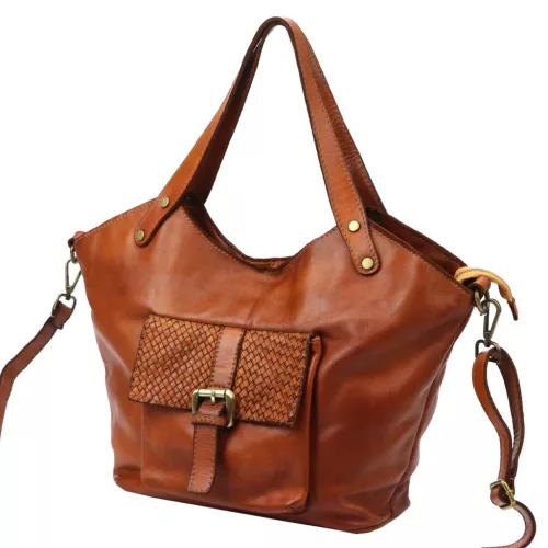 VS 016 konyak női bőr válltáska, shopper 45 x 32 x 15 cm