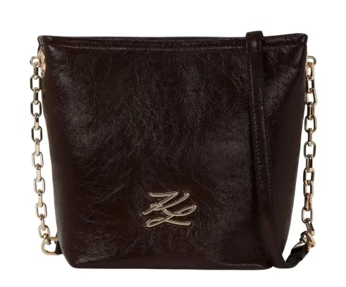 Karl Lagerfeld sötétbarna valódi bőr női vödör táska, válltáska