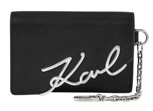 Karl Lagerfeld fekete női valódi bőr rögzítő láncos kártyatartó 10,5 x 7 cm