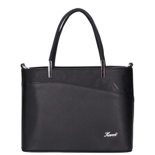 Karen D-444 fekete virágmintás női kézitáska, vállpánttal 29 x 22 x 13 cm
