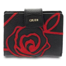  Giudi női fekete-piros kézzel rávarrt rózsa mintás bőr pénztárca