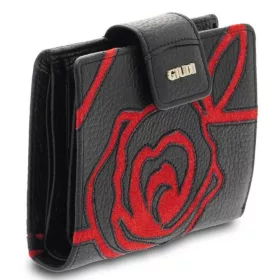   Giudi női fekete-piros kézzel rávarrt rózsa mintás bőr pénztárca